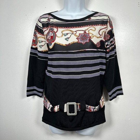 Feratelli Womens Medium Blouse Belted Art Stretch Black 3/4 Sleeves Striped - Picture 6 of 16